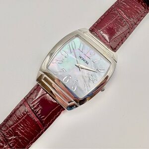 Honora Red Leather Silver-Tone Bezel White Mother of Pearl Dial Watch